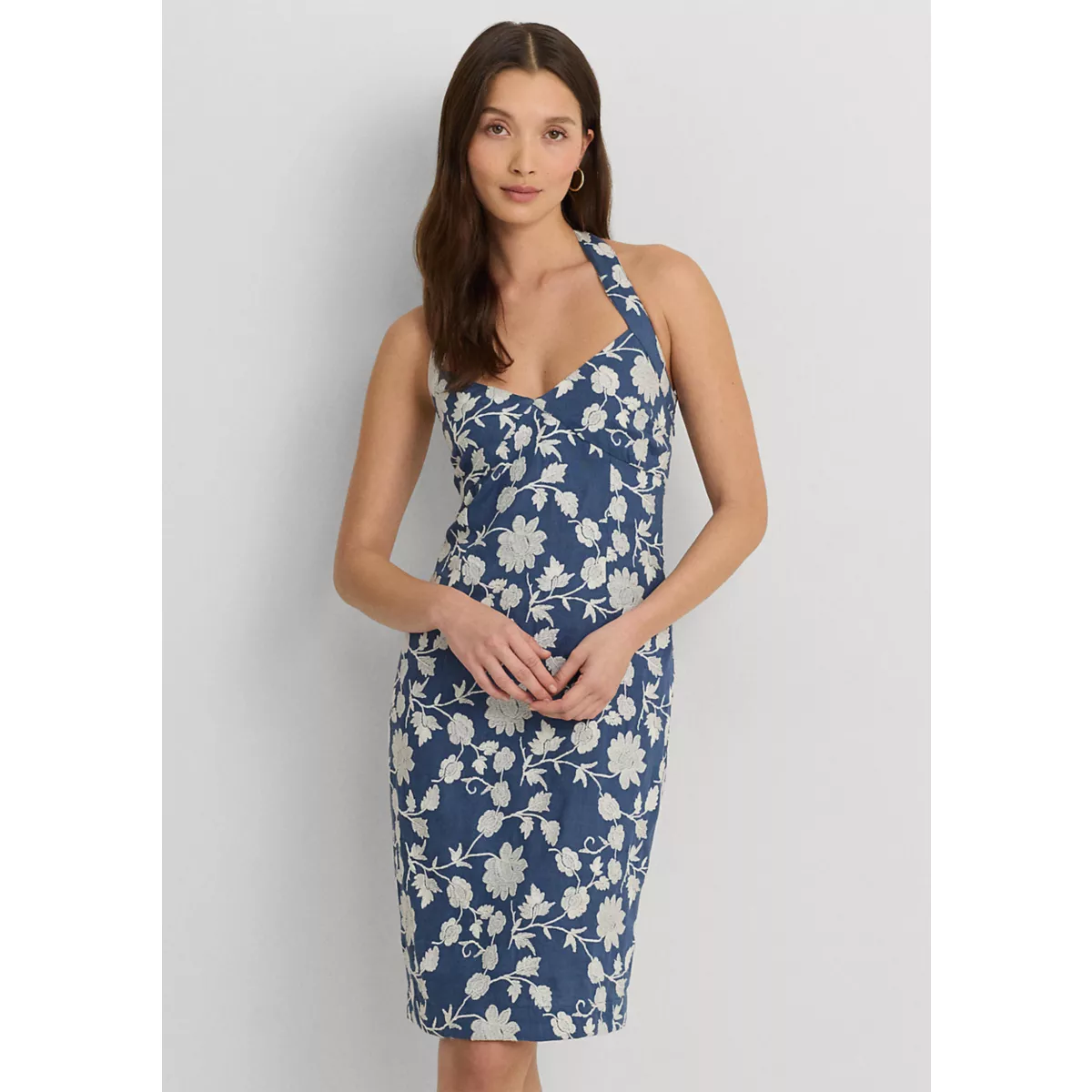 Floral Embroidered Linen Halter Dress - 2