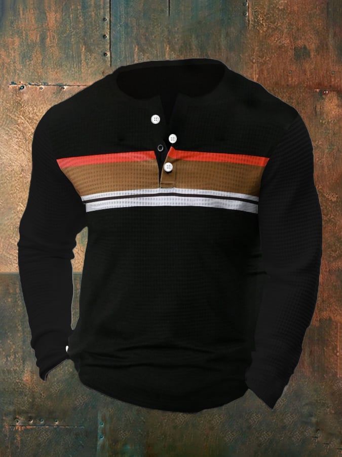 Camiseta vintage Waffle Color Patch Henley Neck para hombre