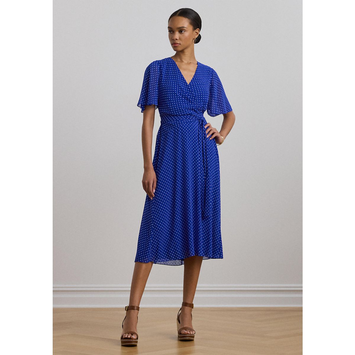 Polka Dot Belted Crinkle Georgette Dress - 1