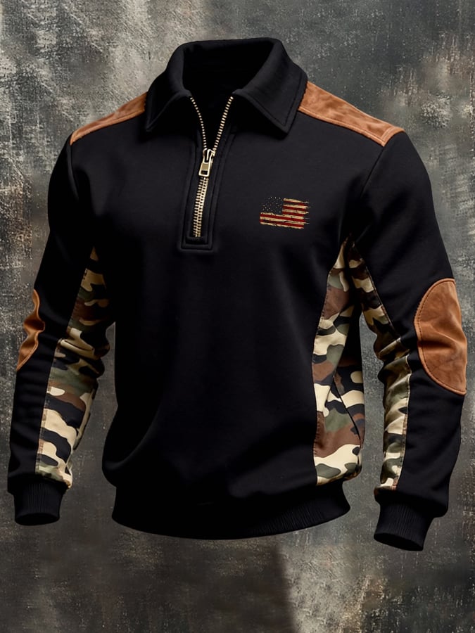 Sudadera vintage Color-Block con cierre para hombre