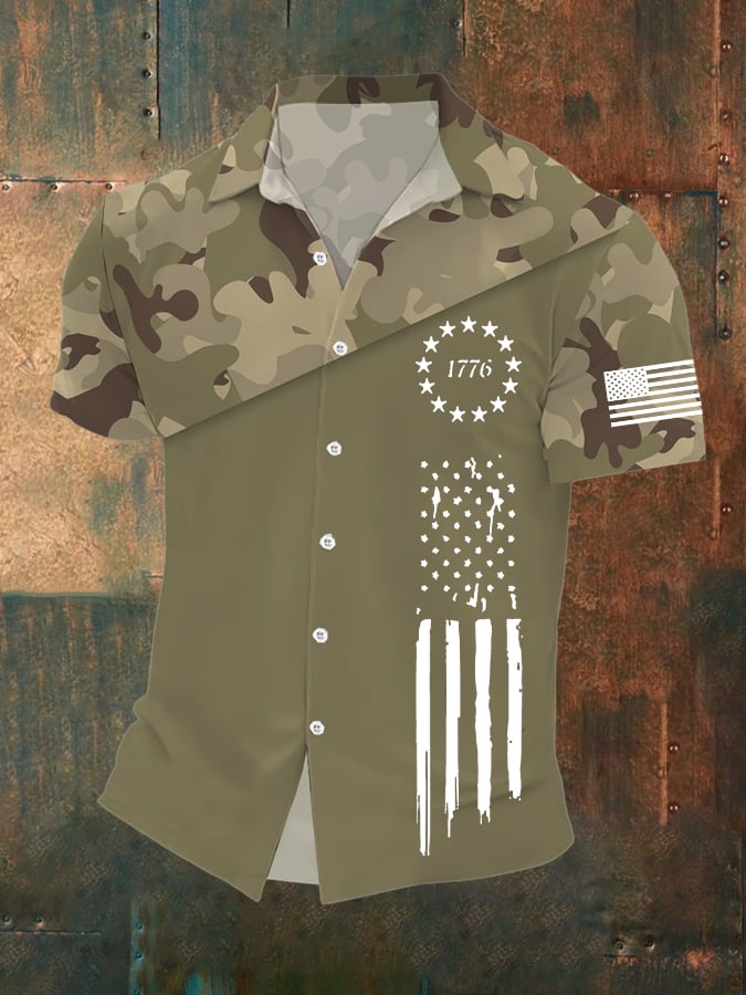 Camisa vintage camuflaje Flag estampado casual para hombre