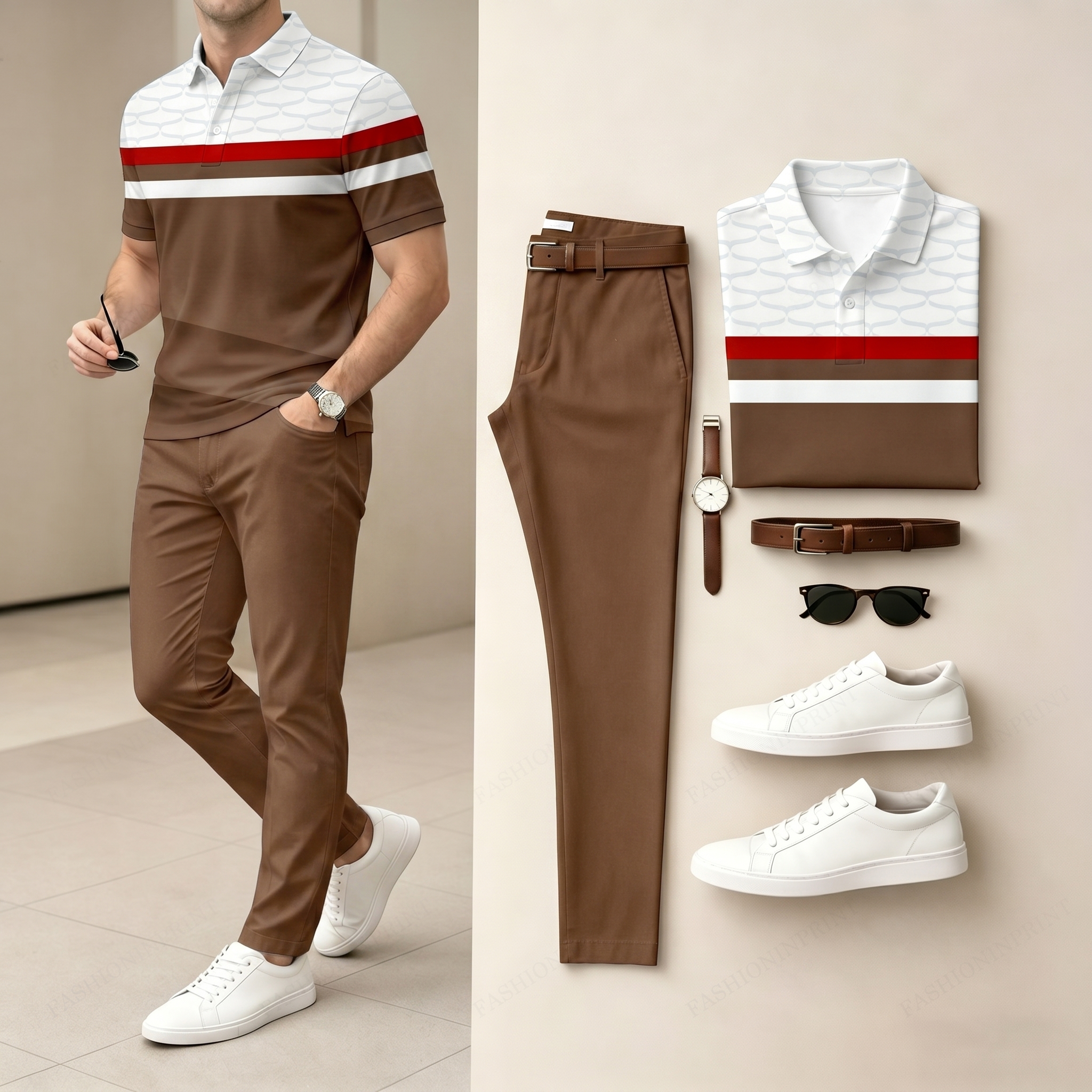 Conjunto de dos piezas Coffee & White Color Matching a rayas estampado de manga corta camisa polo & pantalón para hombre