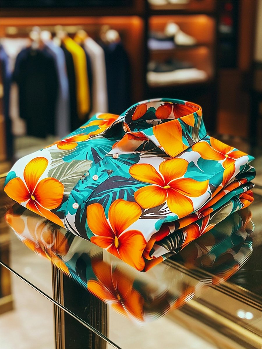 Camisa satén Luxe hawaiano estampado de manga corta Button para hombre