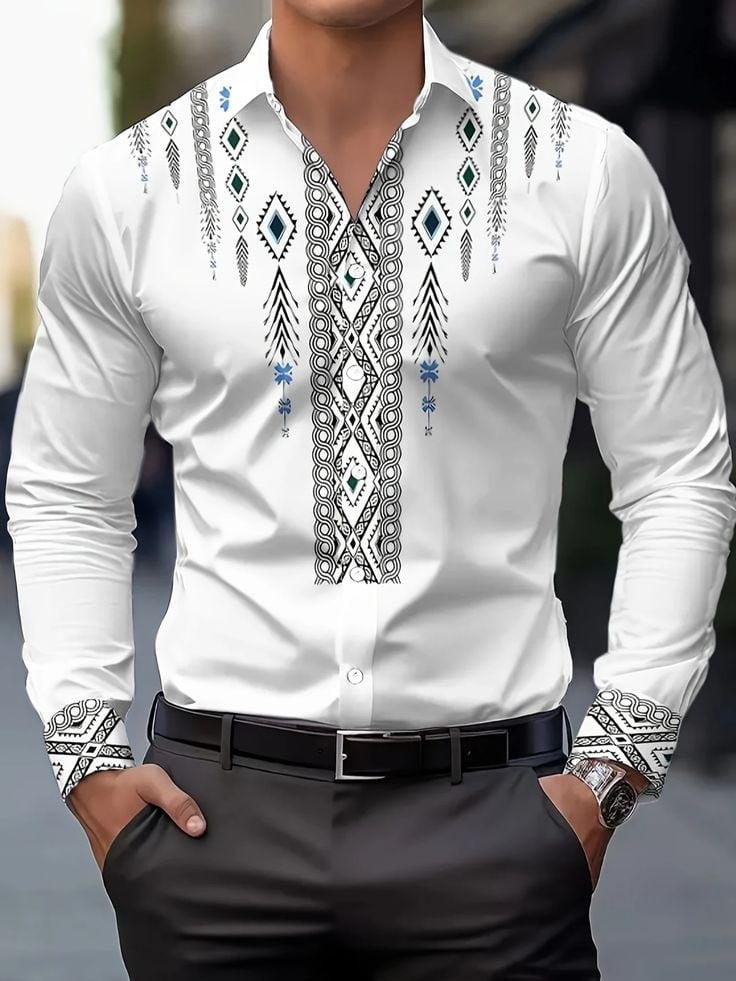 Camisa Street Style ejecutivo casual Ethnic estampado de manga larga para hombre
