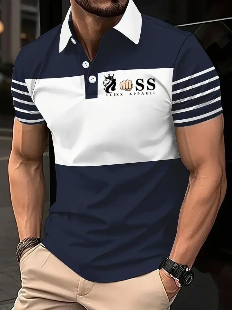 Camisa polo retro Letter Design estampado casual para hombre