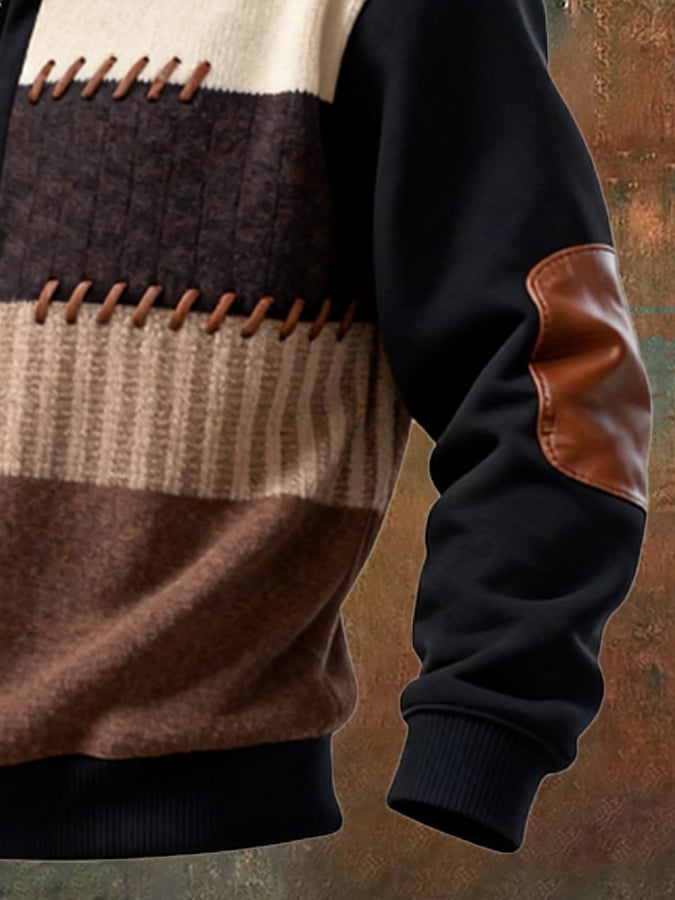 Sudadera retro en bloques de color estampado casual Fur cuello para hombre