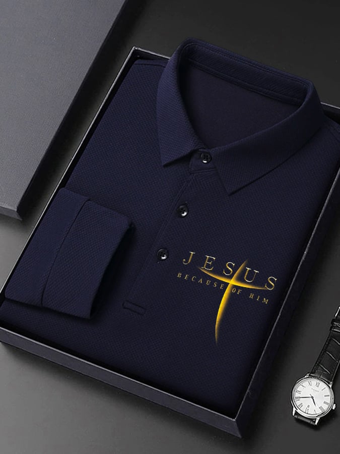 Camisa polo vintage Faith “Jesus Because Of Him” de manga largas para hombre