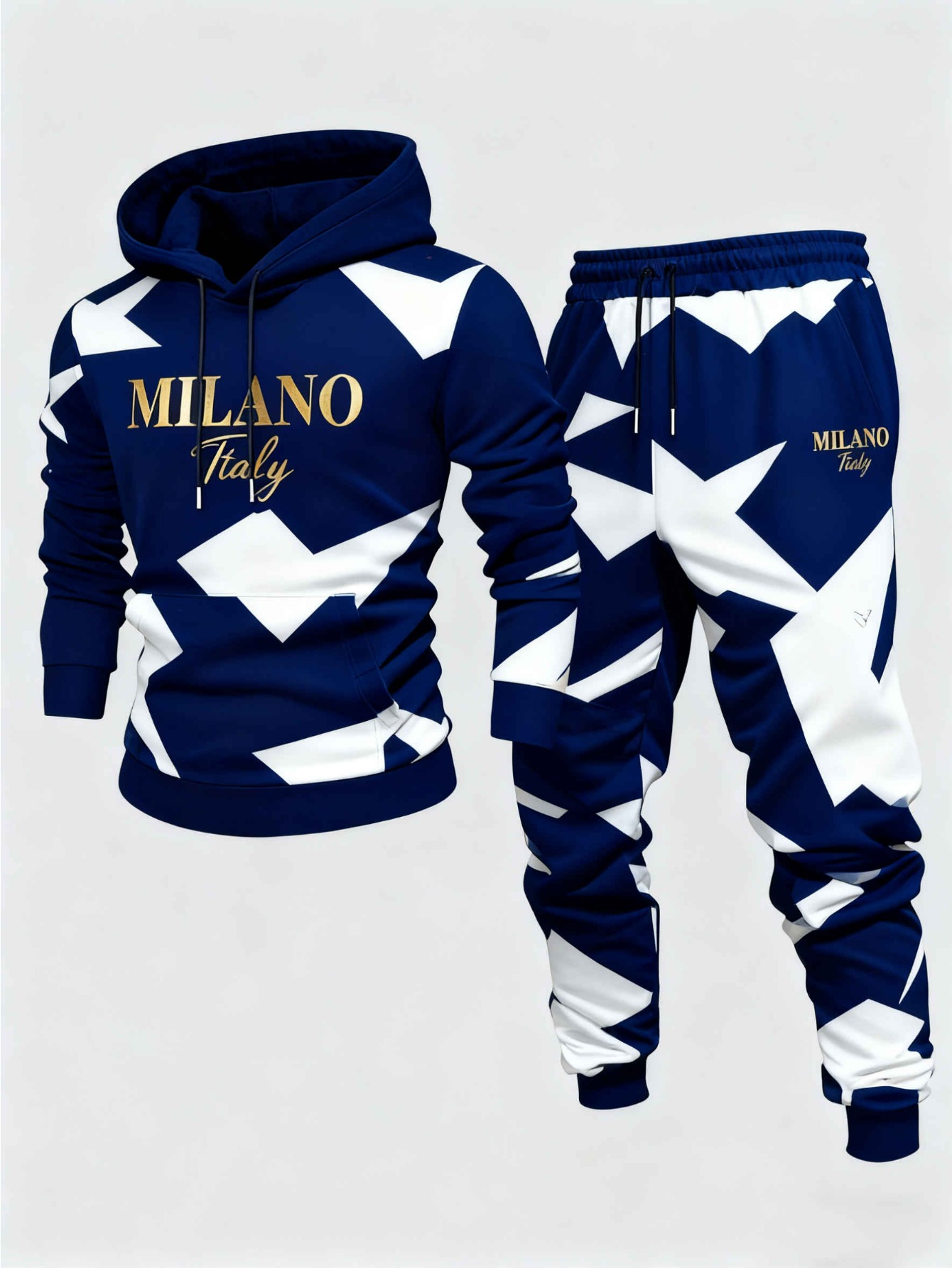 Conjunto de dos piezas casual Navy & White Color Matching Geoemtric estampado sudadera con capuchas de manga larga sudaderas & Sweatpantalón para hombre