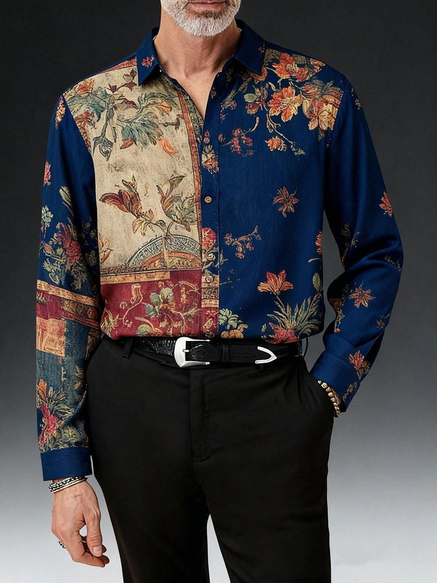 Camisa retro floral Color-Blocked estampado de manga larga para hombre