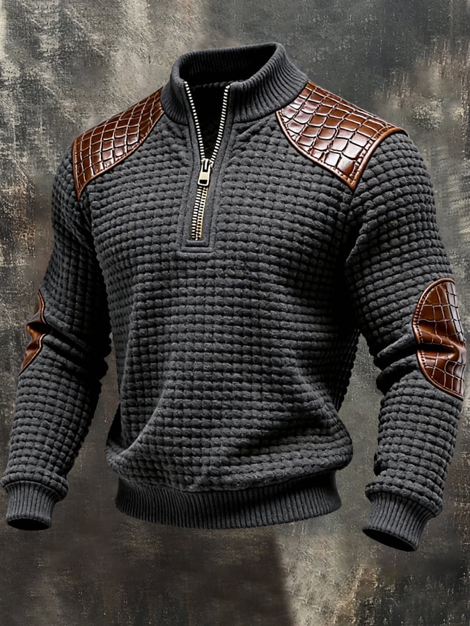 Sudadera vintage texturizado Square Grid Patchpara trabajo Color-Block de manga larga para hombre