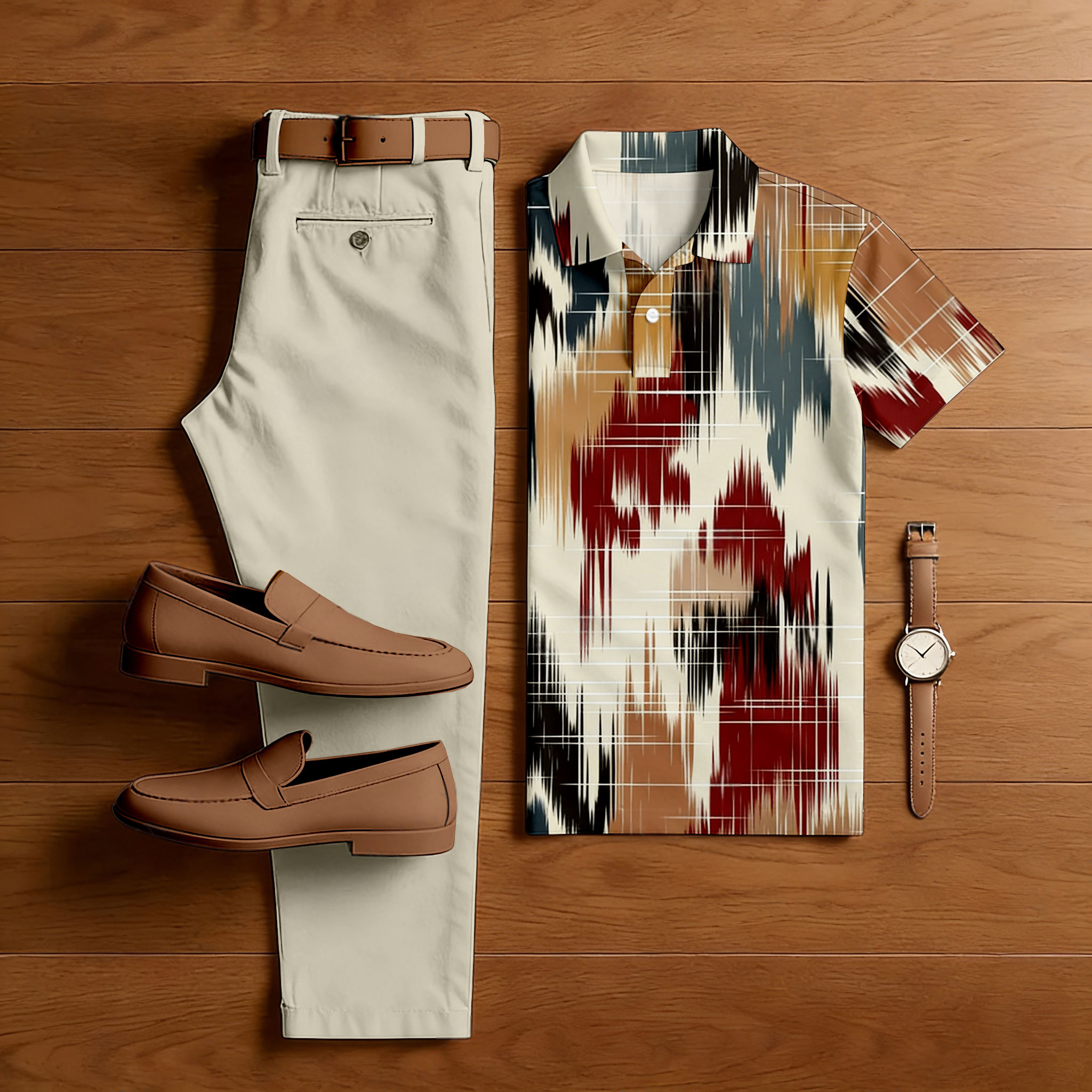 Conjunto de dos piezas casual Khaki & Maroon Color Matching retro Style estampado de manga corta camisa polo & Trousers para hombre
