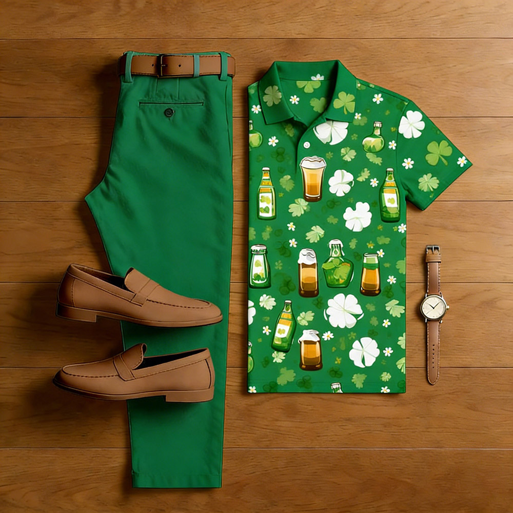 Conjunto de dos piezas casual Green Color Matching de manga corta camisa polo & Trousers para hombre