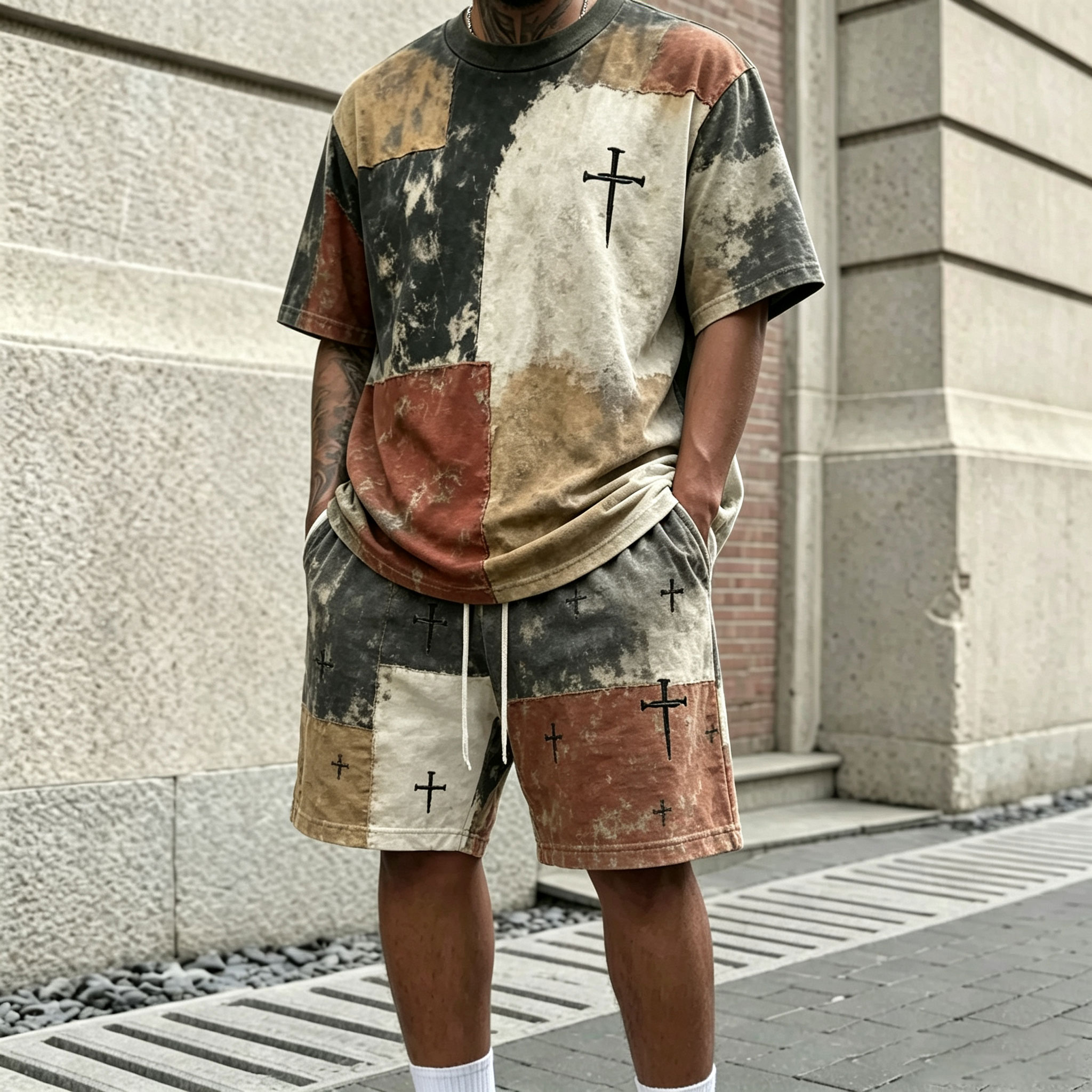 Conjunto de dos piezas casual Color-Block estampado Round-Neck de manga corta camiseta and shorts para hombre