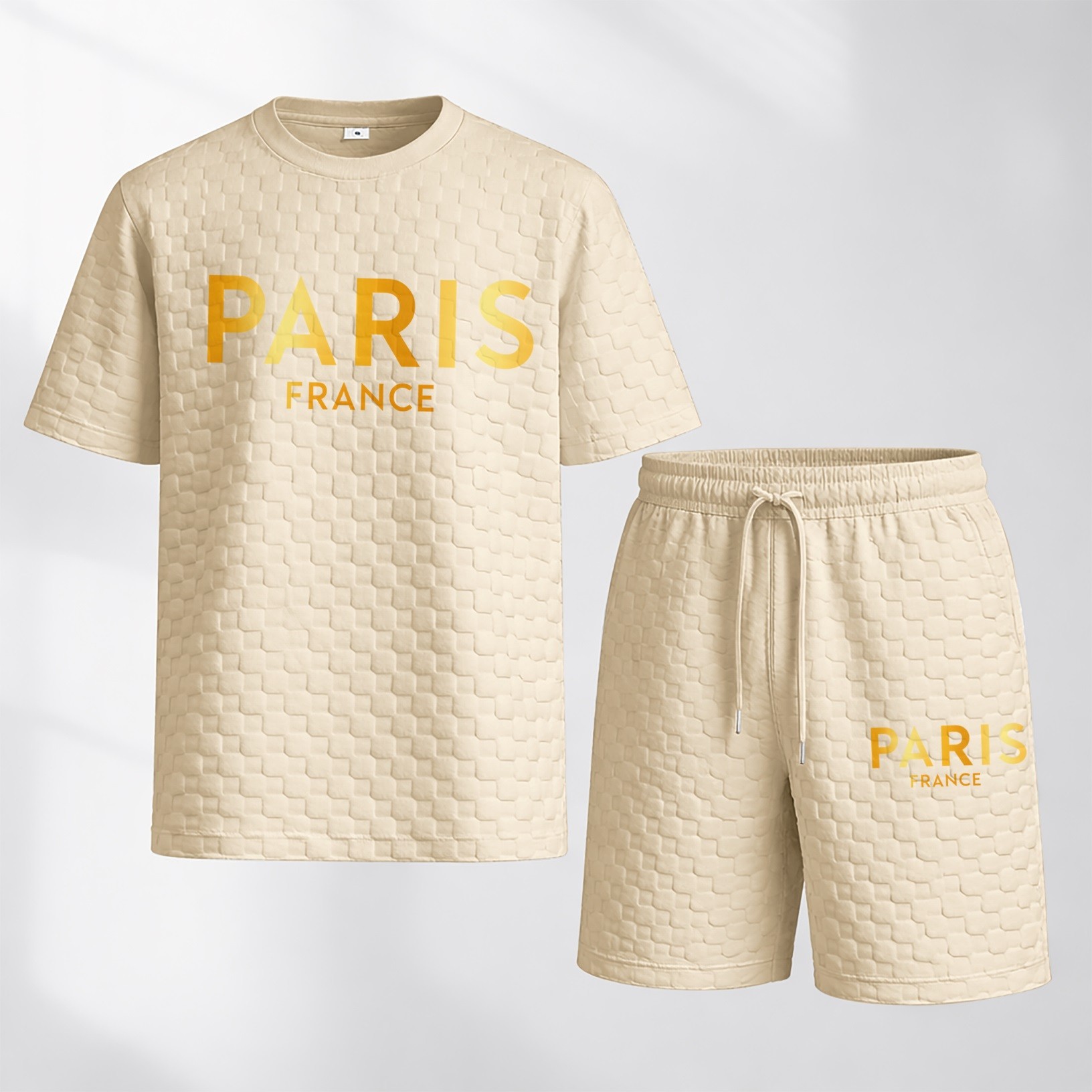 Camisa Spring/Summer Drawstring shorts Set featuring Paris Letter estampado and a cuadros Fabric—a casual summer ensemble comprising a de manga corta and shorts, ideal for both everyday wear and athletic activities. para hombre