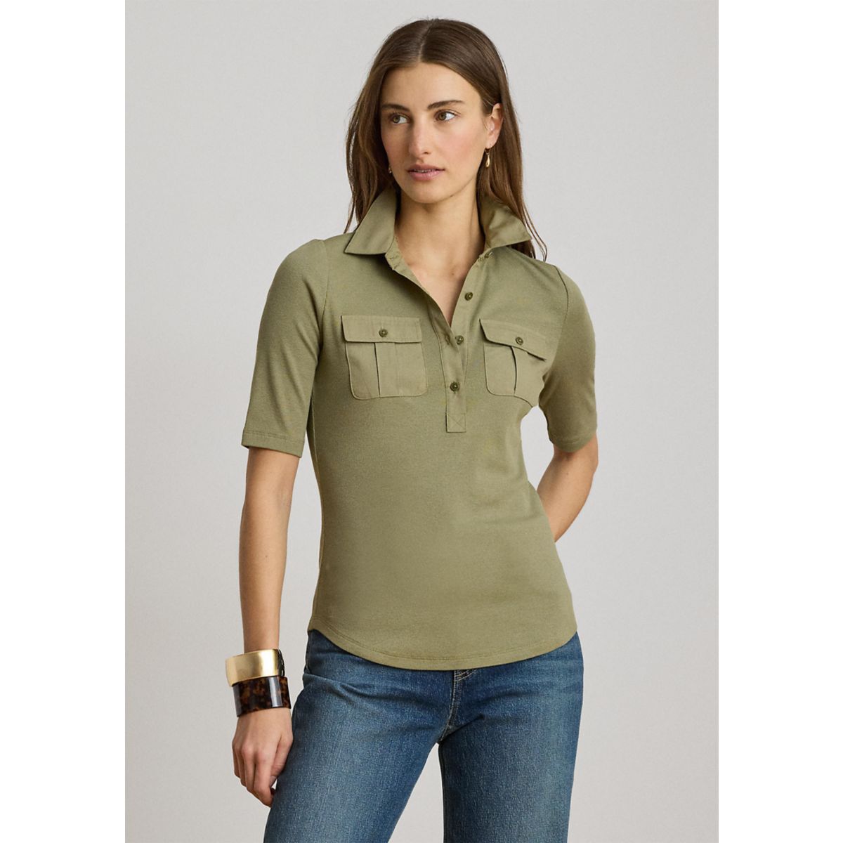 Rib-Knit Elbow-Sleeve Collared Top - 1