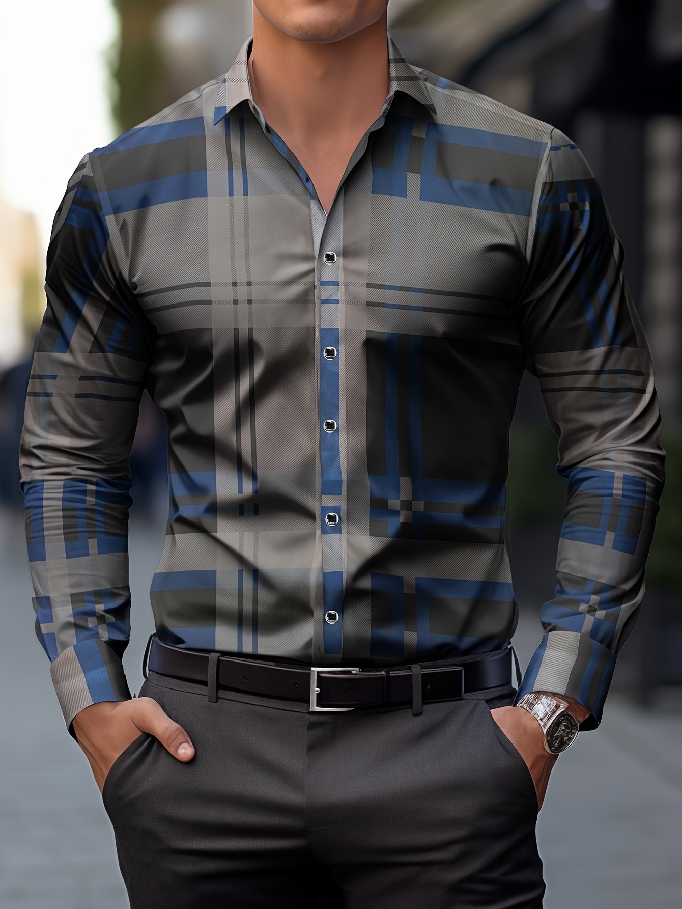 Camisa Street Style ejecutivo a cuadros casual estampado de manga larga para hombre