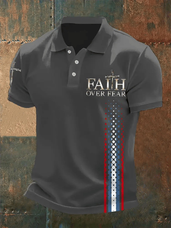 Camisa polo retro Faith “Faith Over Fear�? casual estampado para hombre