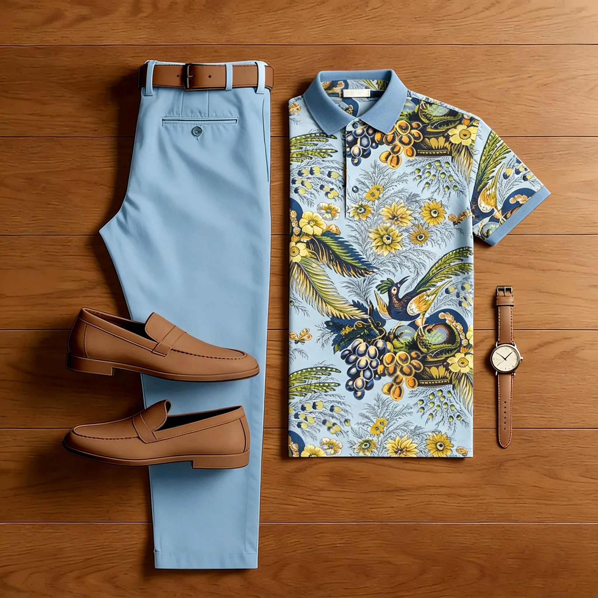 Conjunto de dos piezas casual Blue Peacock estampado camisa polo And pantalón para hombre