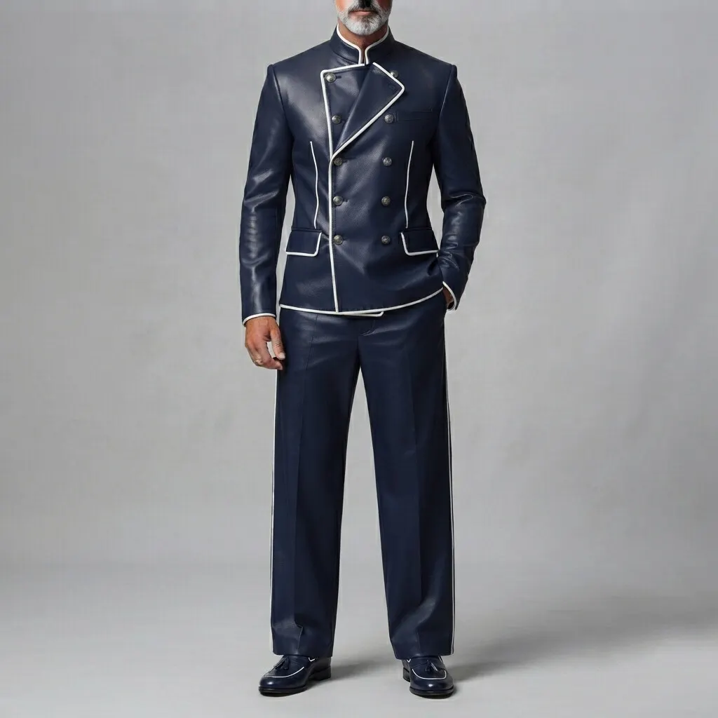 para hombre Navy Blue PU Leather Stand Collar Contrast Piping Double-Breasted chaqueta