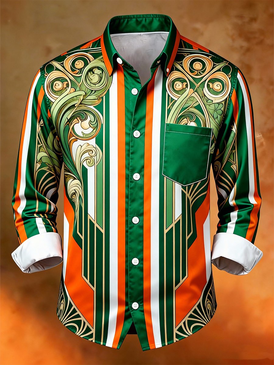 Ejecutivo de lujo St. Patrick's Day a rayas de manga larga Pockecamiseta para hombre