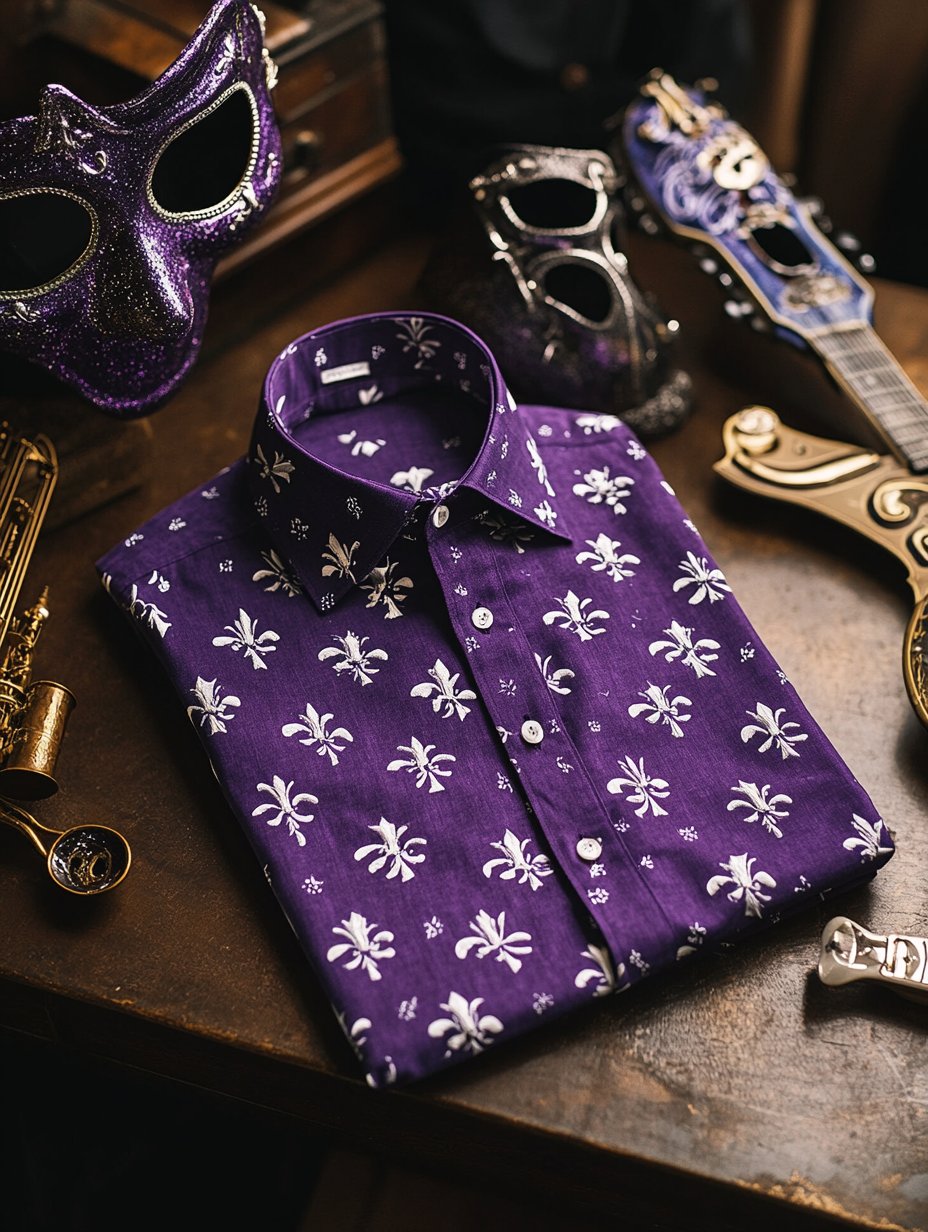 Camisa Purple Mardi Gras Theme de lujo de manga larga para hombre