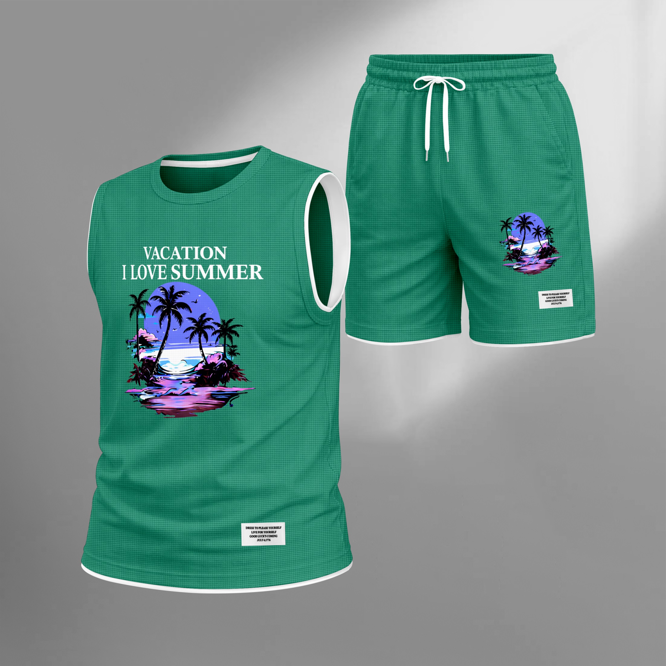 Shorts Tropical Beach Graphic estampado Summer Set Sleeveless Tank Top & Matching Outfit, Vacation Island estampado Lightweight casual Streetwear Set for Everyday & Holiday para hombre