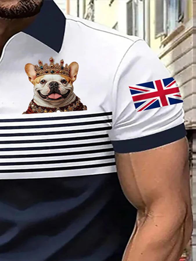 Camisa polo casual a rayas Crown Puppy Bulldog estampado para hombre