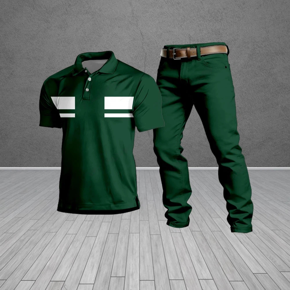 Conjunto de dos piezas casual Green & White Geometric Pattern de manga corta camisa polo And Trousers para hombre