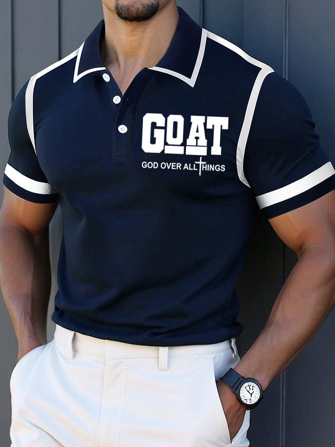 Camisa polo retro Faith “Goat God Over All Things” casual estampado para hombre