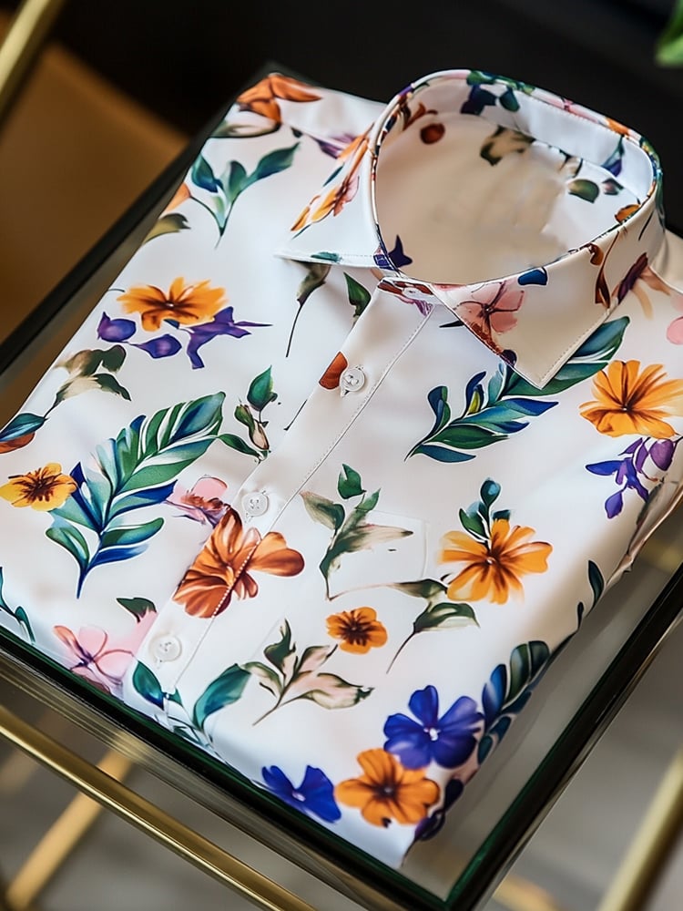 Camisa satén Luxe hawaiano floral estampado de manga corta Button para hombre