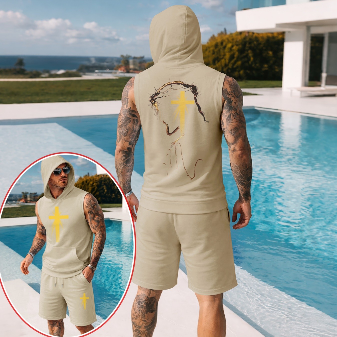 Conjunto de dos piezas Summer – Sleeveless sudadera con capucha & shorts, Faith & Prayer-Inspired Cross Design, casual Regular Fit Summer Outfit, Athletic Streetwear, Lightweight Summer Tracksuit para hombre