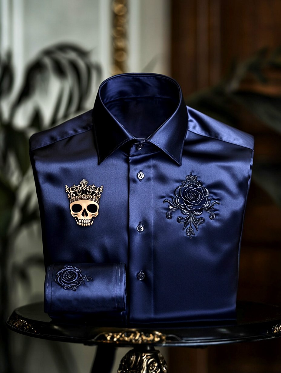 Camisa satén Skull Rose casual de manga larga con botones para hombre