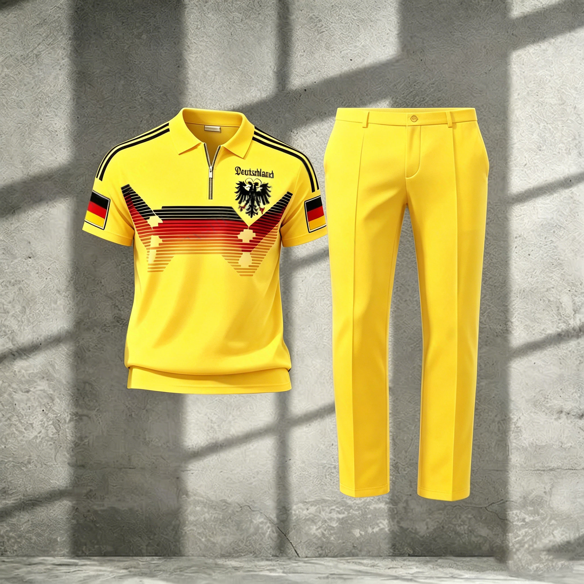 Conjunto de dos piezas casual Yellow estampado Polo de manga corta camiseta And pantalón para hombre
