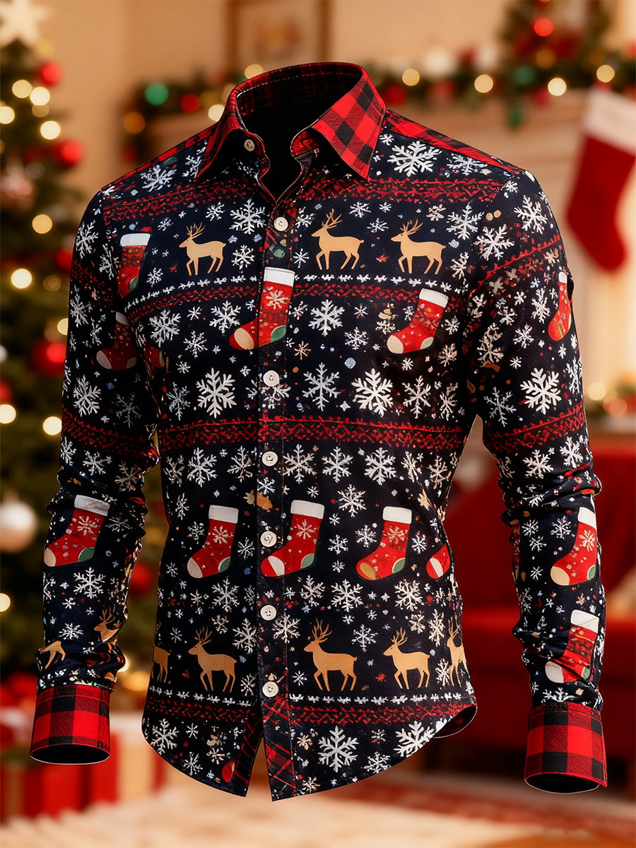 Camisa Christmas a cuadros Art de manga larga para hombre