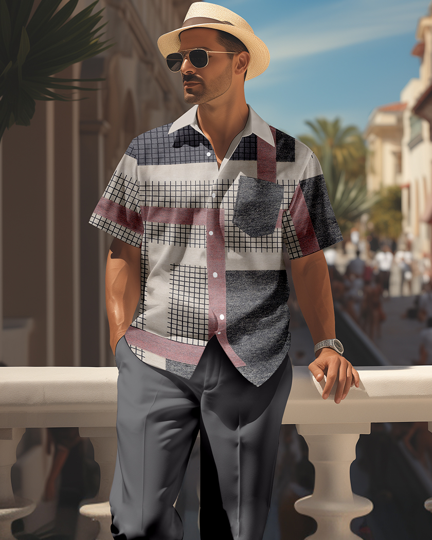Camisa retro colorblock de manga corta walking Suit 1655 para hombre