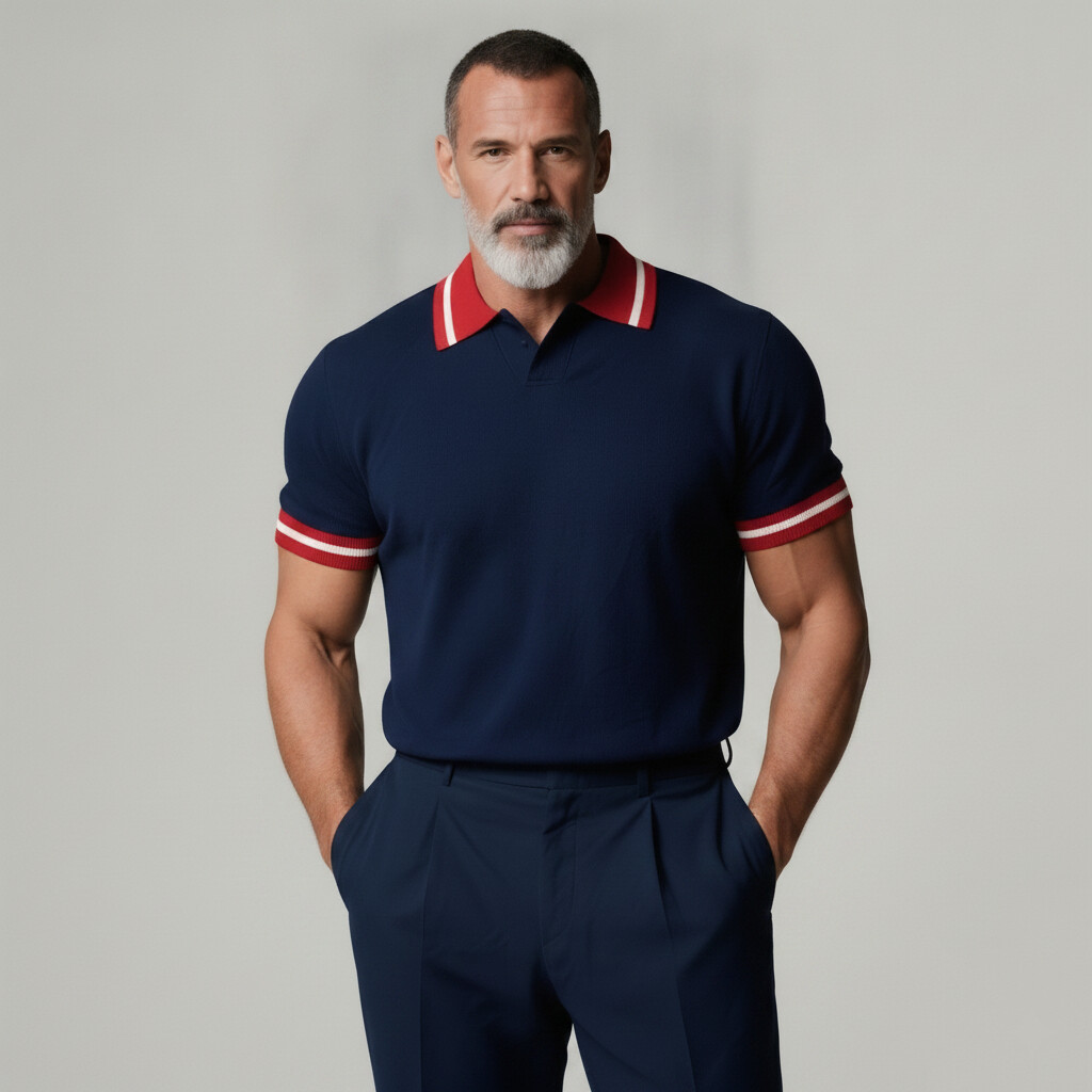 Camisa polo Navy Blue Contrast Trim Turndown Collar Back Letter Pattern para hombre