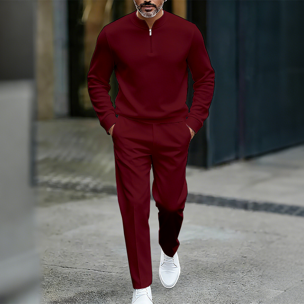 Conjunto de dos piezas casual de color sólido Round-Neck Zipper de manga larga Trousers para hombre