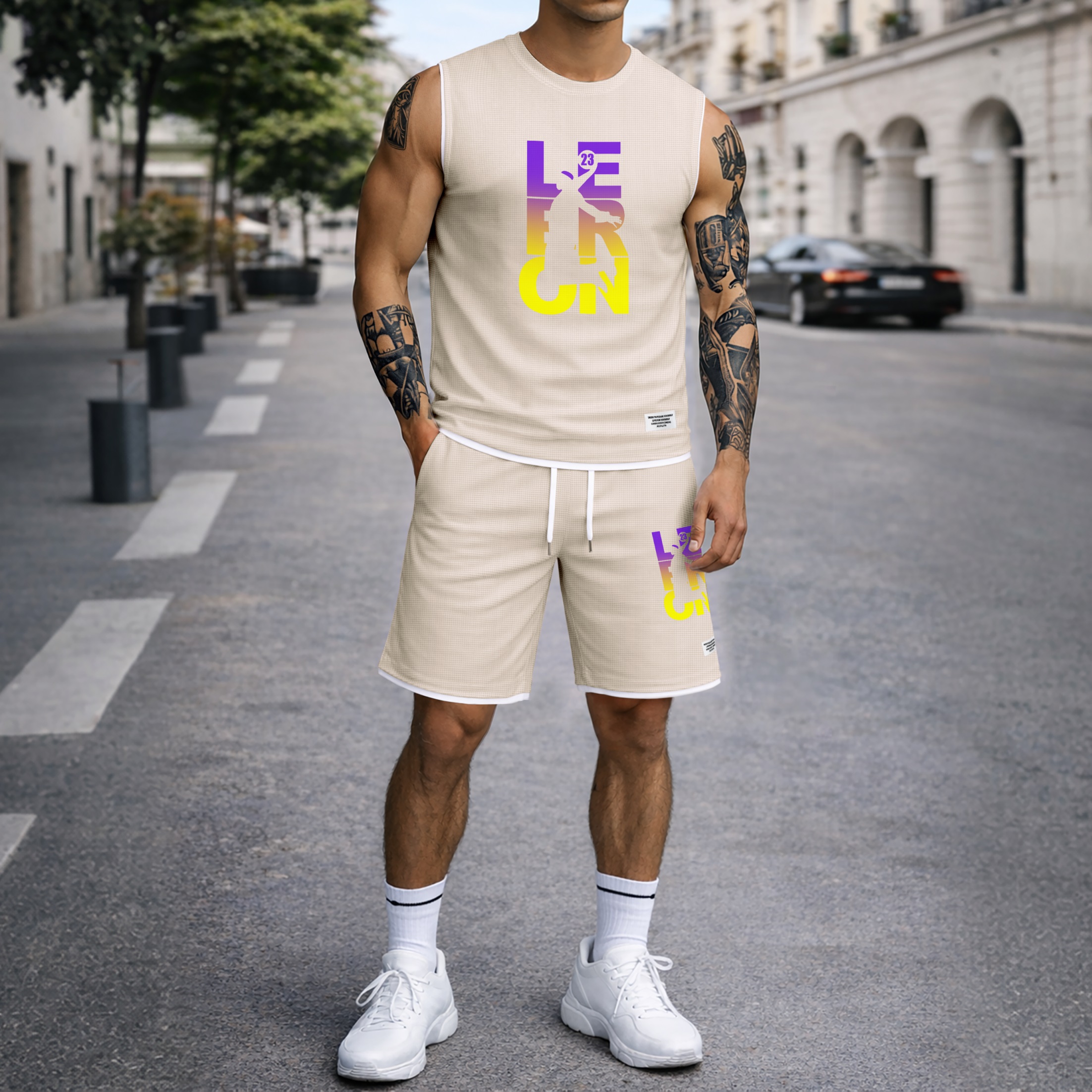 Shorts Basketball Gradient Letter Graphic estampado Summer Set Sleeveless Tank Top & Matching Outfit, Lightweight casual Streetwear Athletic Set for Everyday & Holiday para hombre