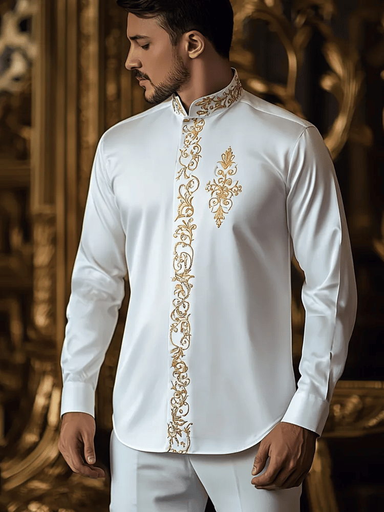 Camisa vintage de lujo Stand cuello de manga larga para hombre