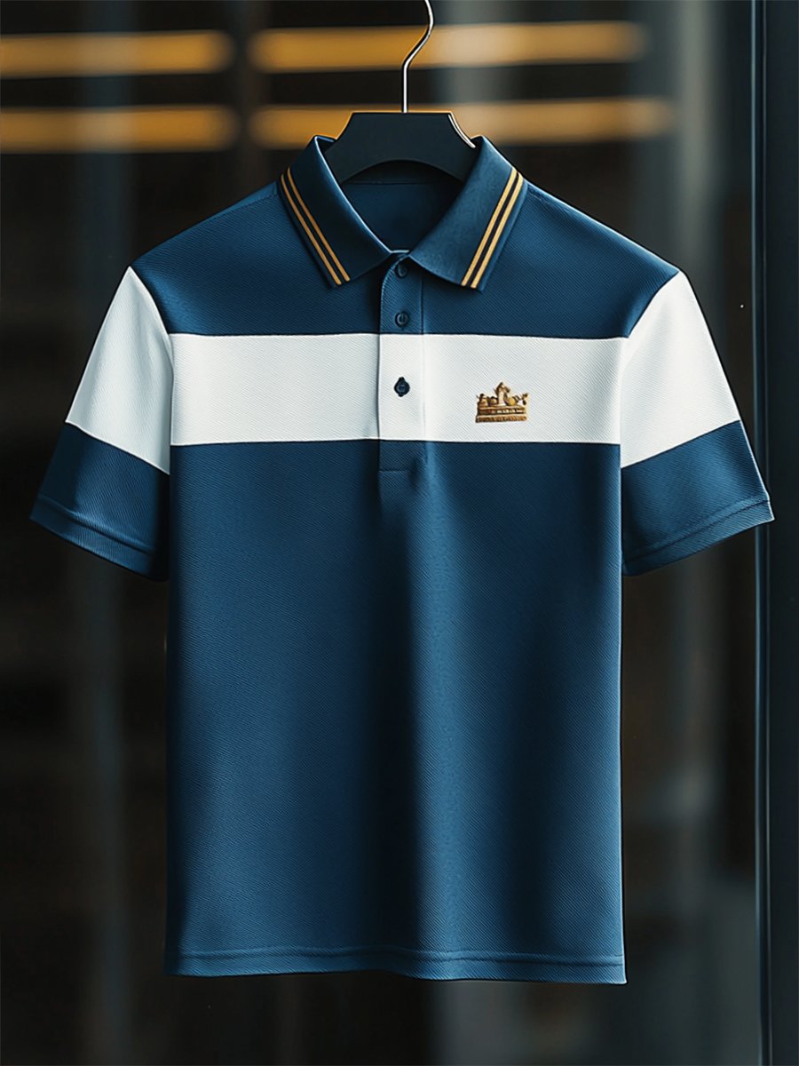 Camisa polo ejecutivo rayas Logo con botones de manga corta para hombre