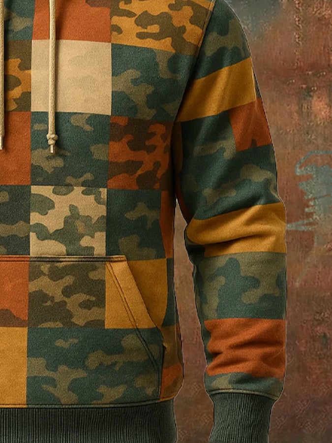Sudadera retro desgastado en bloques de color estampado casual de manga larga para hombre