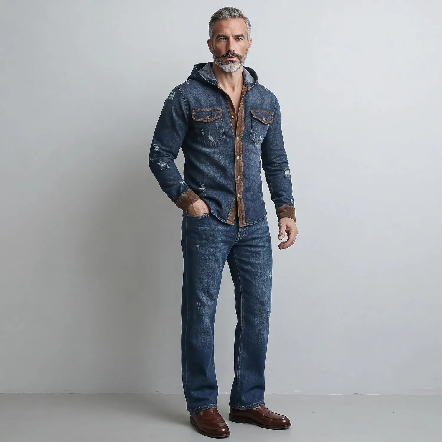 para hombre vintage Denim Contrast Trim Single Breasted Chest Pocket Hooded camisa