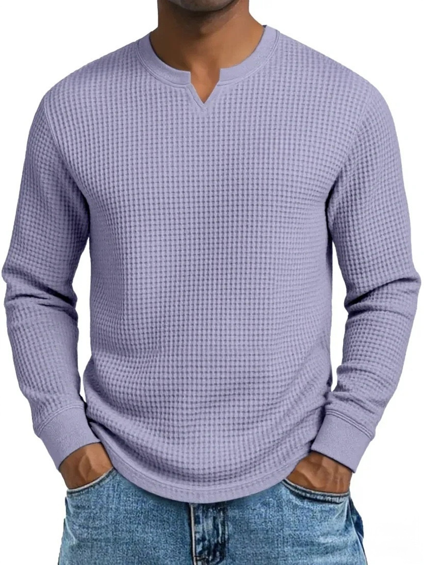 Camiseta vintage tejido tipo waffle V-Neck de manga larga para hombre