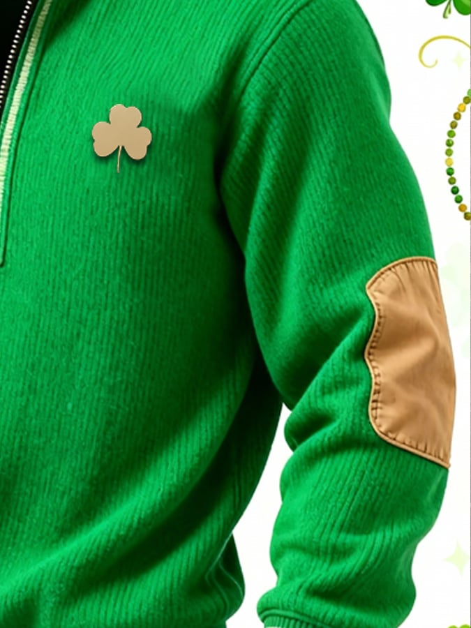 Sudadera (Detachable Shamrock Brooch Included) casual St. Patrick's Day Color-Block Half-Zip Stand-cuello de manga larga para hombre