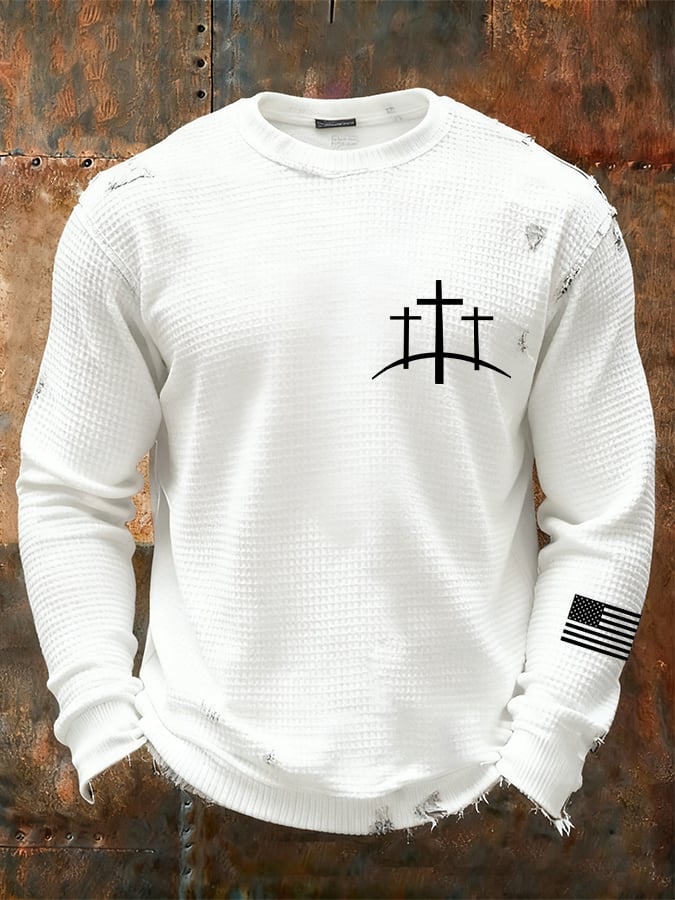 Camiseta vintage Faith Cross Design Waffle Fabric de manga larga para hombre