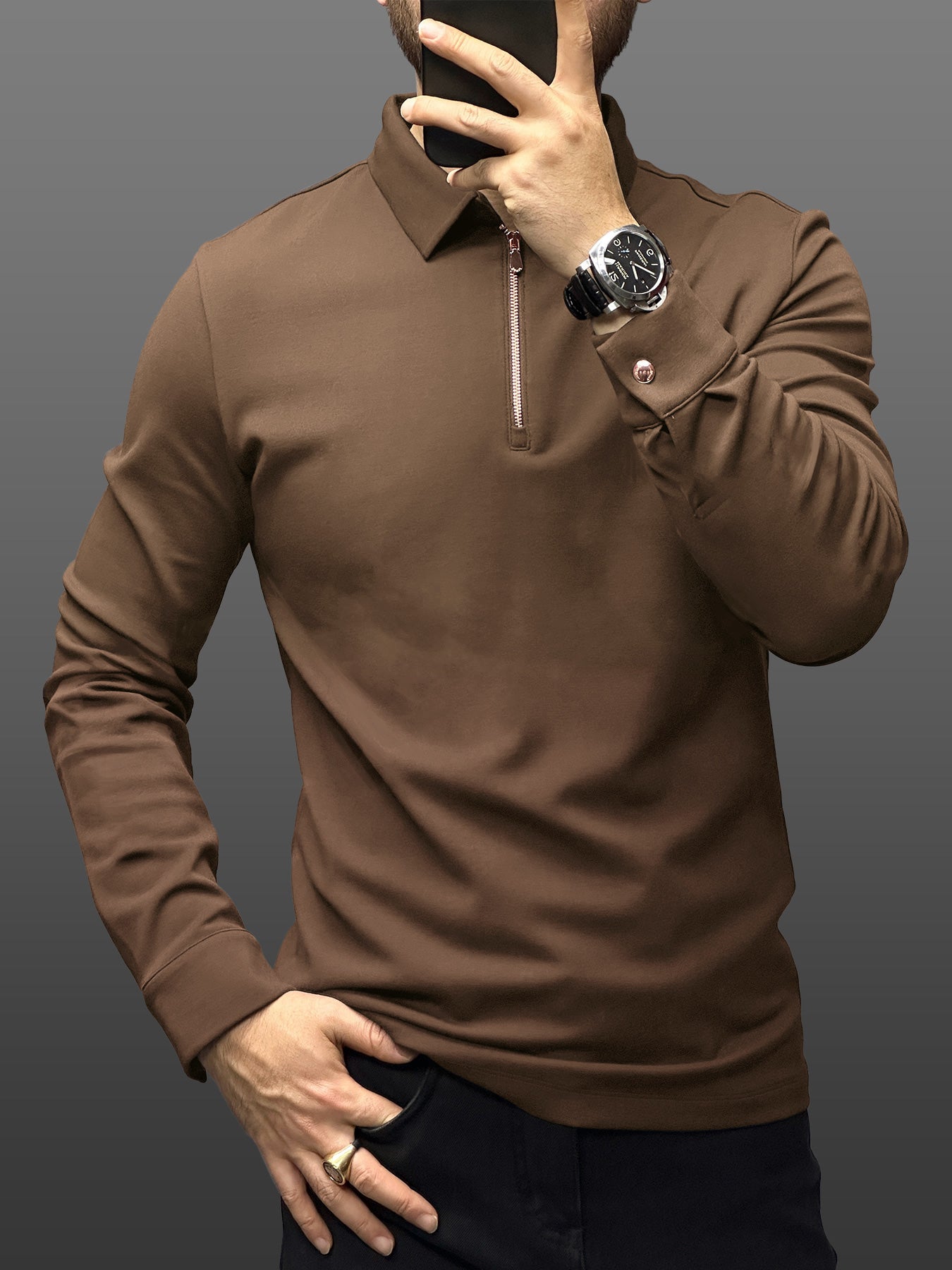 Modal Blend de manga larga Half Zip Polo