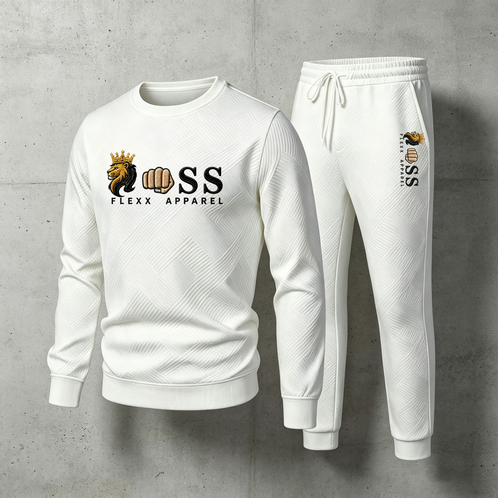 para hombre White Crew-Neck de manga larga camisa and Long pantalón Set