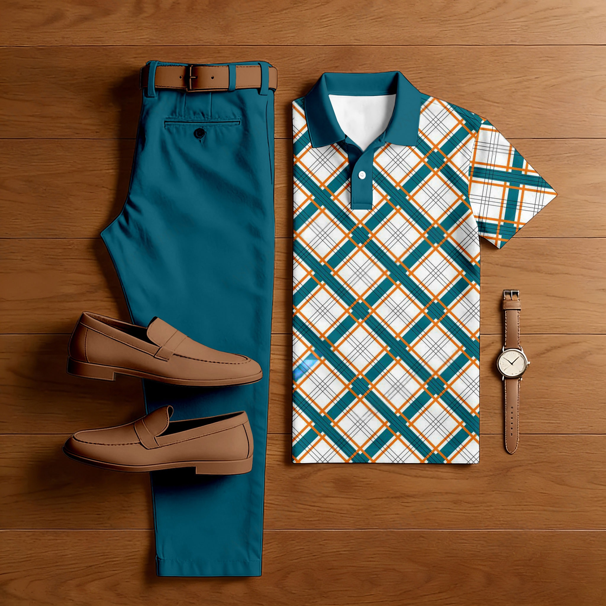Conjunto de dos piezas casual Royal Green Checkered estampado camisa polo And pantalón para hombre