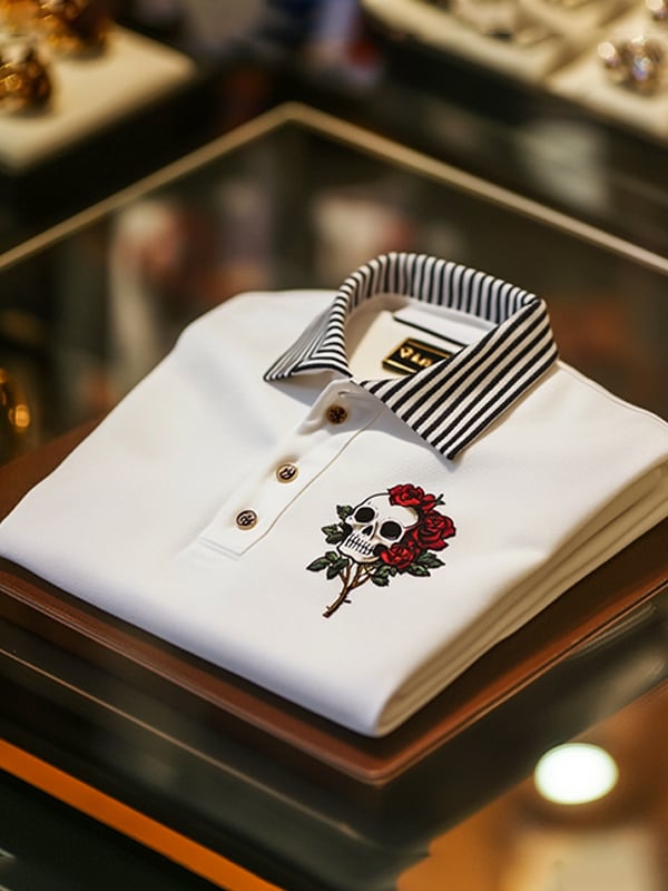 Camisa polo ejecutivo casual Skull estampado con botones para hombre