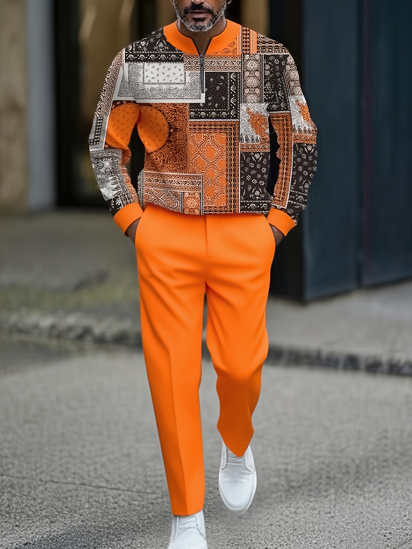 Conjunto de dos piezas casual Color Matching estampado Round-Neck Zipper de manga larga Trousers para hombre